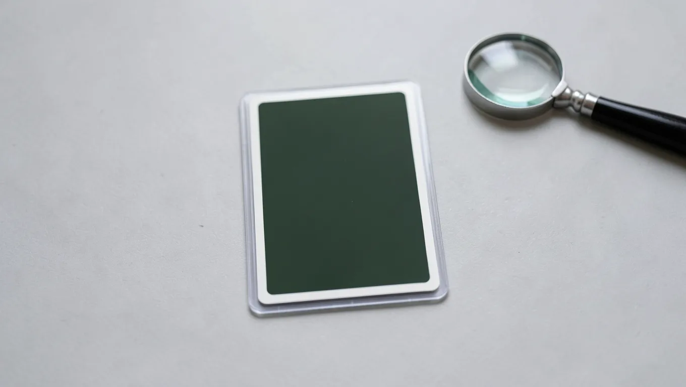 A sleeved trading card and a jeweler's loupe on a grey desk