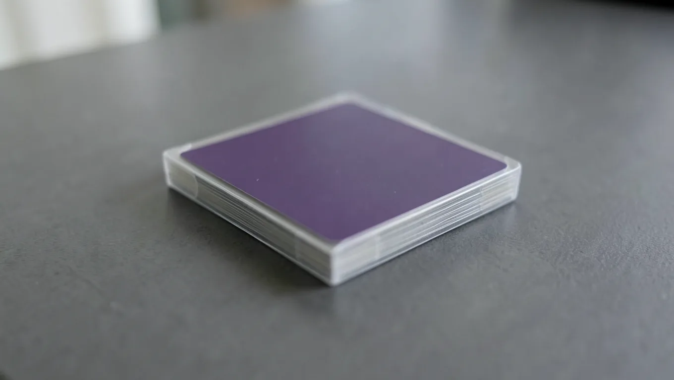A neat stack of sleeved trading cards on a dark grey desk