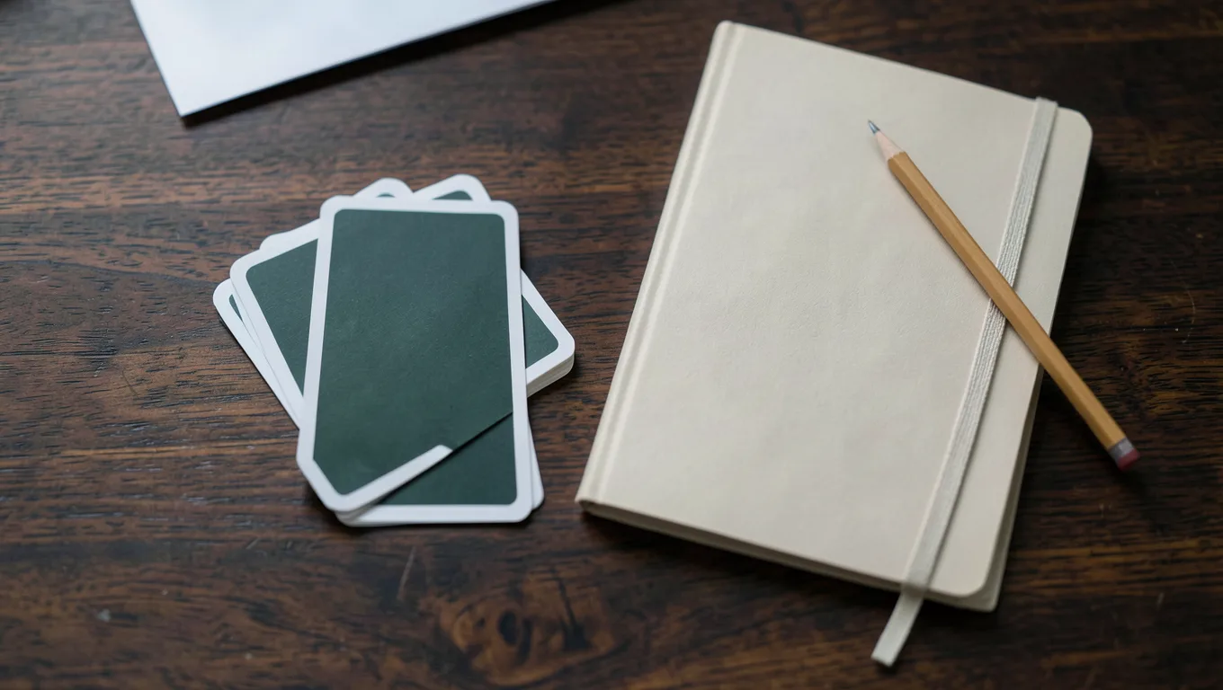 Sleeved trading cards beside a notebook and pencil on a walnut desk