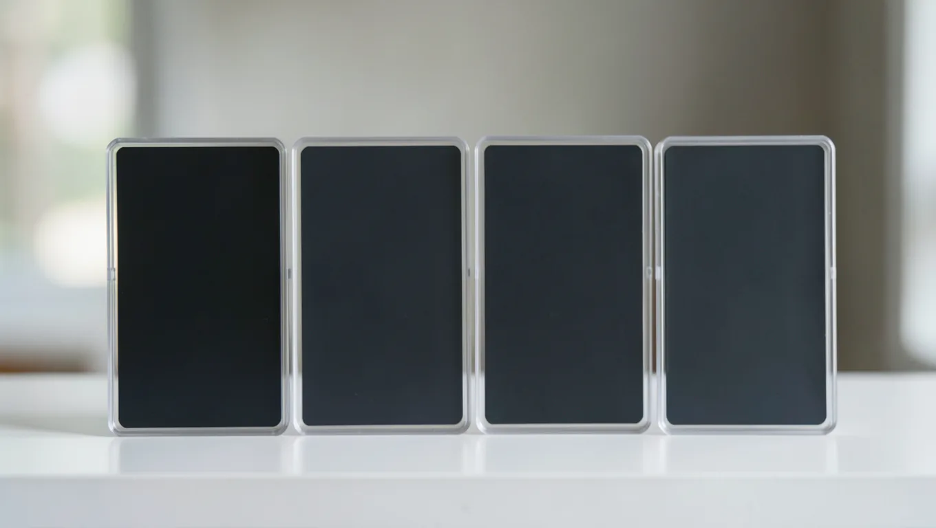 Four graded trading cards in clear cases standing in a row on a white shelf