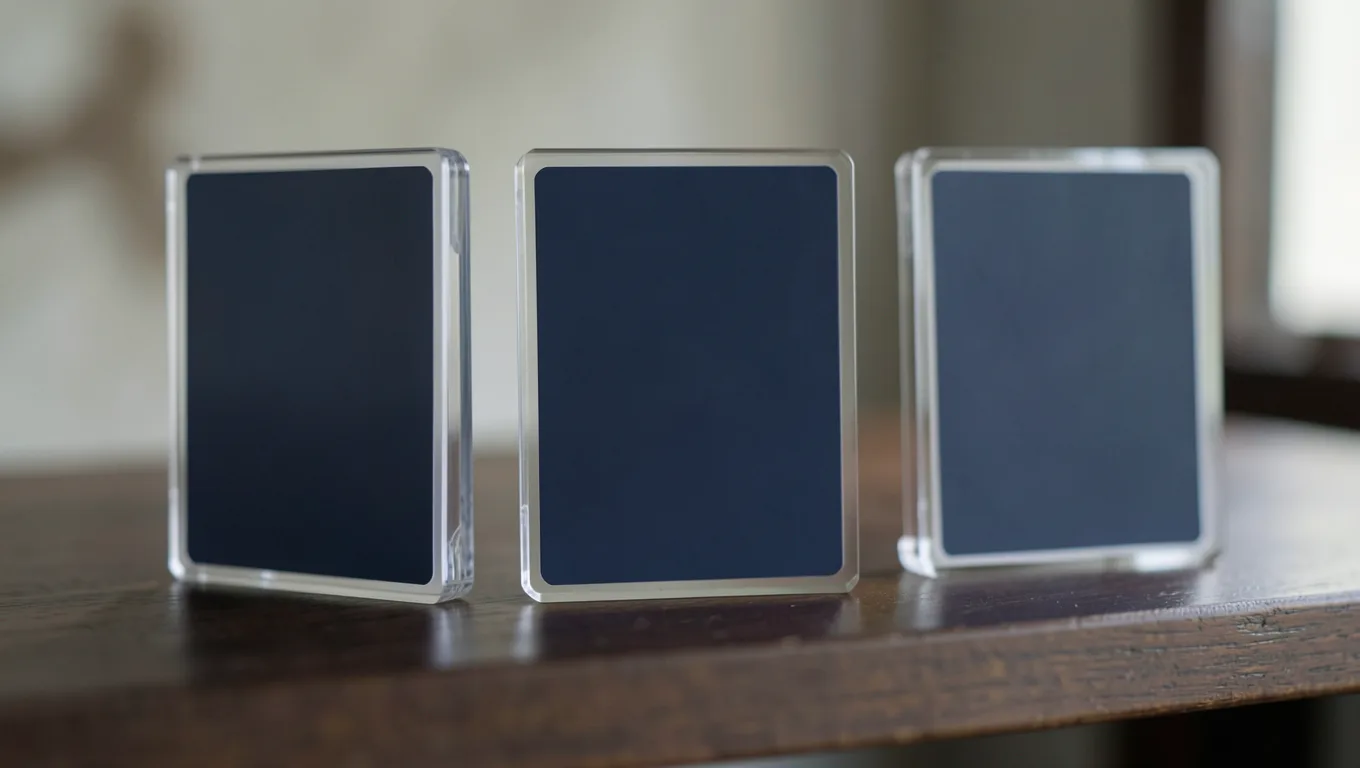 Graded trading cards in clear cases standing on a dark wooden shelf