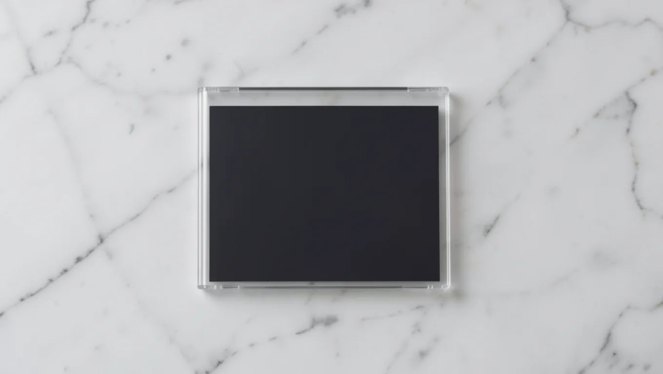 A clear acrylic grading case lying face down on white marble