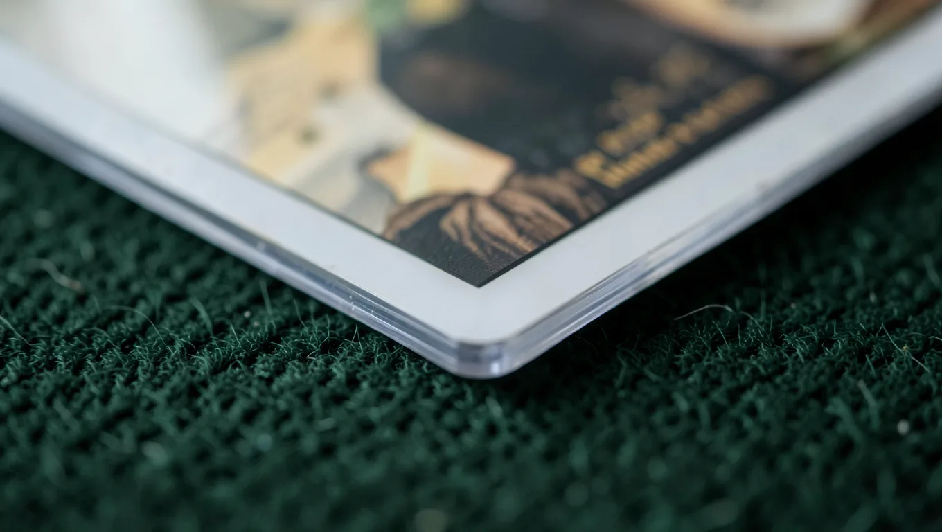 Close-up of a sleeved trading card corner on a green felt mat